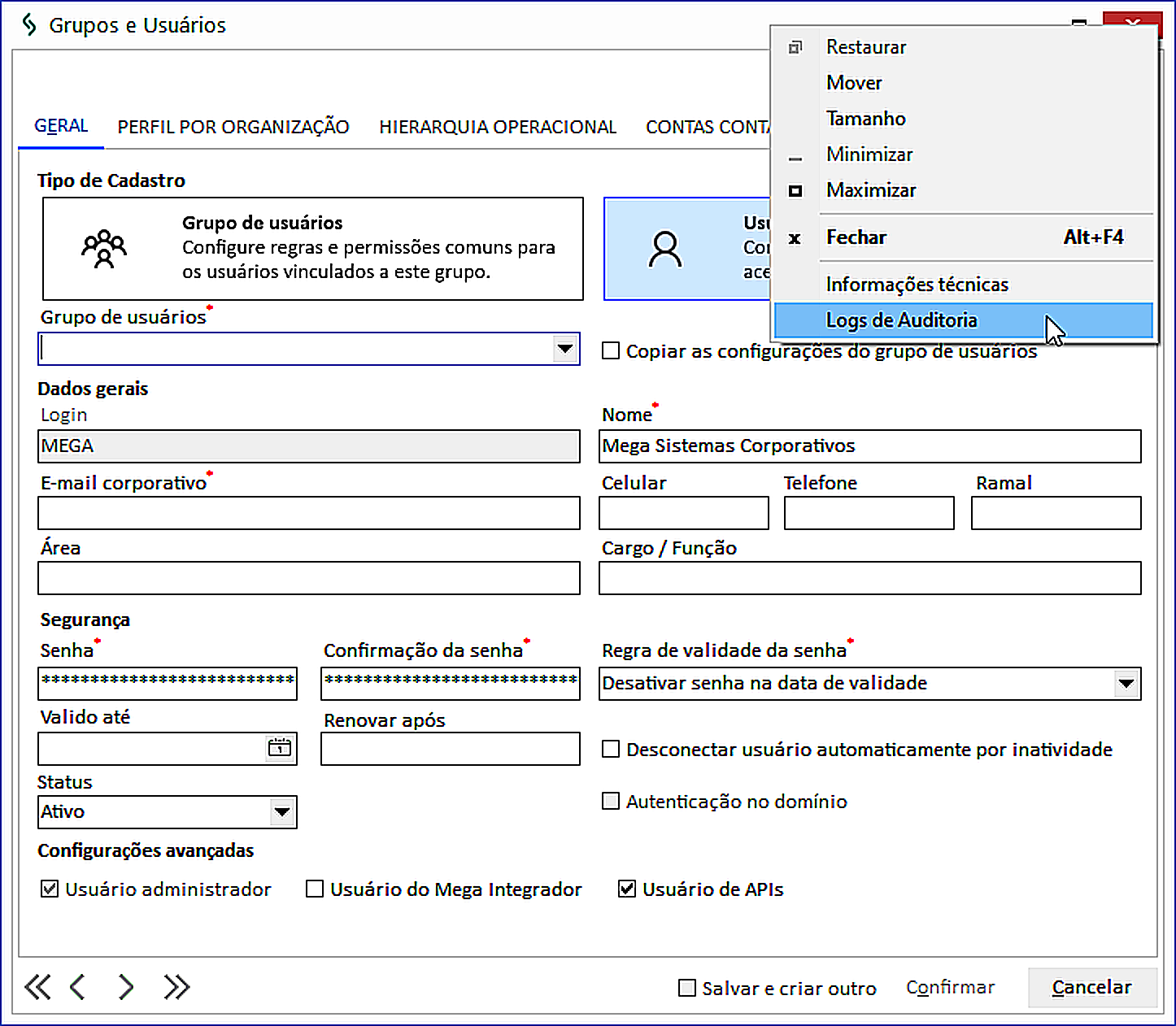Menu de contexto com a opção Logs de Auditoria destacada